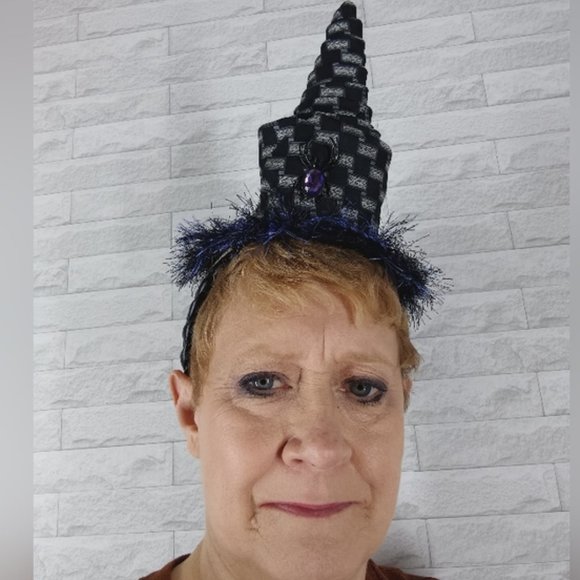 HAND CRAFTED Headband Witch Hat Upcycled Necktie Black Grey Whimsigoth Neck Tie - Picture 1 of 11